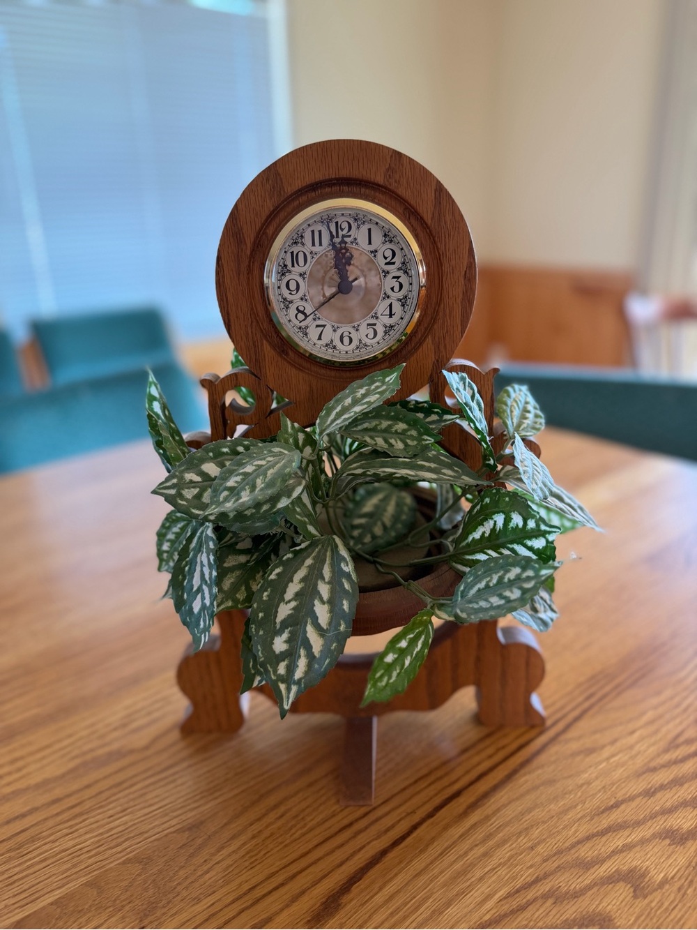 Antique Wooden Mantel Clock Planter with Green Leaves